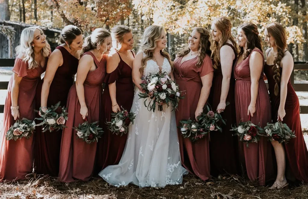 A bride in a white dress stands outdoors, surrounded by eight bridesmaids in matching burgundy dresses, all holding bouquets and smiling. - Chevalrie Salon and Spa